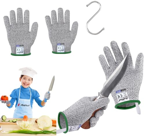 AmzFirst 2 Paar Level 5 Schnittschutzhandschuhe kinder 10 jahre, schnitzhandschuhe für kinder 11 jahre, lebensmittelecht, schnitthandschuhe küche 12 jahre, (Geeignet für 10-13 Jährige), Größe 6/XS