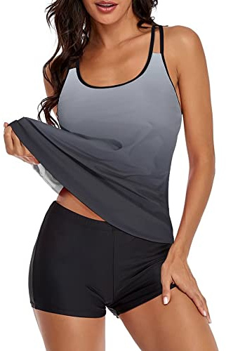 wihnsinop Tankini Damen Bauchweg Bademode Set Freizeit Badeanzug Tankinis Zweiteiler Sets Sommer Elegant Badeanzüge für Damen Oberteil mit Badeshorts