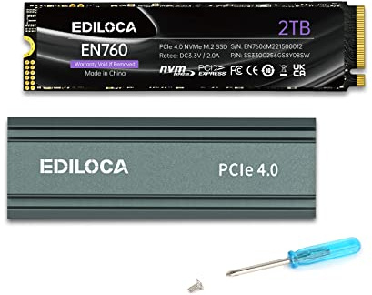 Ediloca EN760 Interne SSD mit Kühlkörper 2 TB PCIe Gen4, NVMe M.2 2280, bis zu 4800 MB/s, 3D NAND TLC, Internes Solid State Drive, dynamischer SLC-Cache, kompatibel mit PS5 und PC