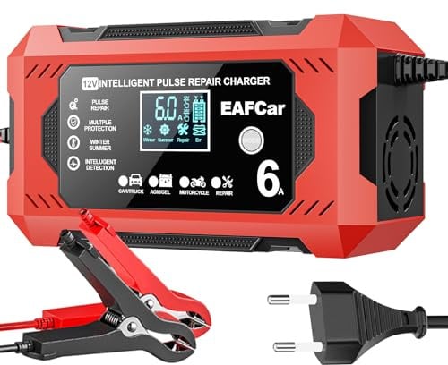 EAFCar 6A Autobatterie Ladegerät, 12V Smart vollautomatische KFZ Batterieladegerät mit Temperaturkompensation für Auto LKW Motorrad Rasenmäher Boot Marine Batterien(6A)