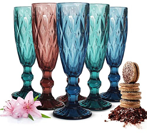 Sendez 6er Set farbige Sektgläser 150ml aus durchgefärbtem Glas mit strukturierter Oberfläche in Grün Violett und Blau ideal für festliche Anlässe spülmaschinengeeignet