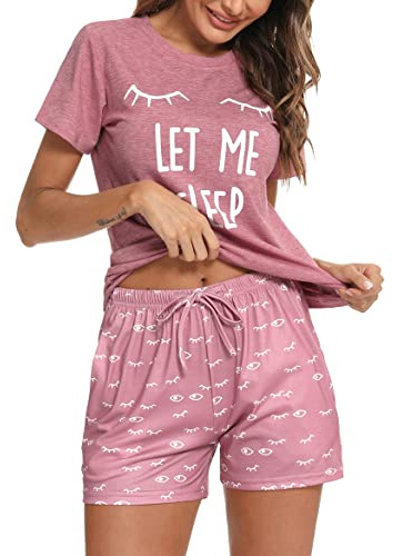 Uniexcosm Schlafanzug Damen Kurz Baumwolle Zweiteiliger | Pyjama Set Kurzarm Nachtwäsche Wimperndruck Sleepwear Hausanzug Loungewear