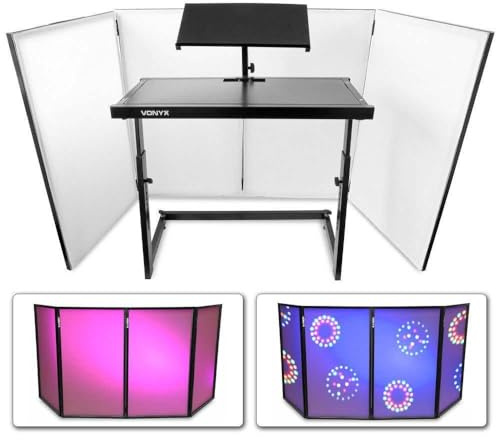 Vonyx DJ Pult Komplettset - höhenverstellbarer DJ Tisch Mobil, Vonyx DB10 mit klappbarer Front, Lycra-Stoff, DJ Pult, DJ-Booth, mobiler DJ-Stand, 45,5 x 102,5 x 90 cm, DJ Stand mit mobiler Wand