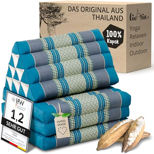 livasia Thaikissen mit 3 Auflagen - 175x50x8cm - Dreieckskissen mit Klappmatratze, Keilkissen Kapok, Rückenkissen faltbar, Thaimatte zum Klappen, handgefertigt, Meditationskissen (Hellblau)