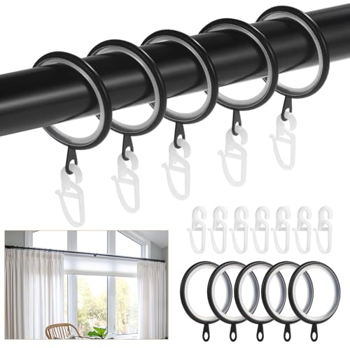 Roxanex 50 Stück Gardinenringe und Haken aus Metall, 37mm geräuschlose Ringe für Gardinenstangen, Ringe zum Aufhängen von Duschvorhangstangen, Gardinenstangen und Vorhangstangen (Schwarz)