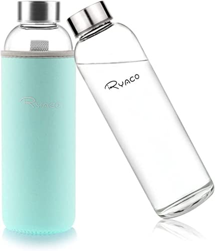 Ryaco Trinkflasche aus Glas 550ml/750ml/1000ml/1L,Glasflasche mit Neoprenhülle,Glastrinkflasche mit Schraubverschluss,Wasserflasche Glas für heiße kalte Getränke,spülmaschinenfest