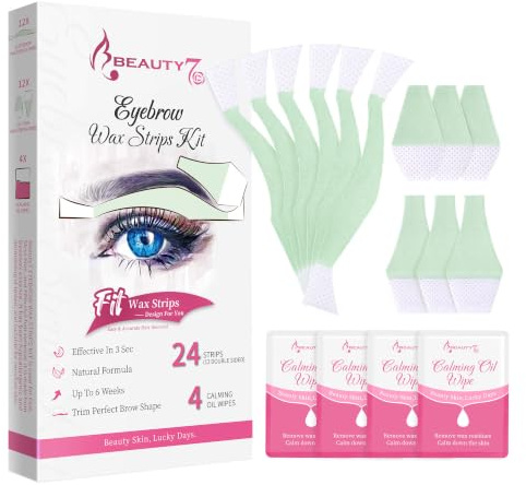 Beauty7 Augenbrauen Wachsstreifen, 24 Stk, Kaltwachsstreifen, 4 Öl-Tücher | Präzise Gesichts-Enthaarung. Vorgeschnittene Streifen für bis zu 6 Wochen glatte Haut. Sanft & einfach für zu Hause