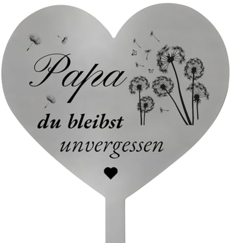 Scinzene Herz Grabschmuck Wetterfest Grabdeko aus Metall mit Spruch Papa du bleibst unvergessen und Löwenzahn Design - Ewige Erinnerung für Friedhöfe und Gedenkstätten