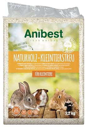 Anibest Kleintierstreu, 100% natürliche Einstreu für Kaninchen, Hamster, Meerschweinchen & Co, saugfähige Weichholzspäne, staubfrei & geruchsbindend, 3,2 kg/ 60 l