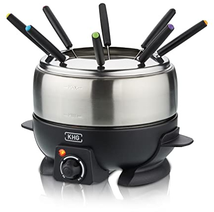 KHG Elektro-Fondue FO-800SE mit Edelstahl-Topf 1,8 L silber für bis zu 8 | silber für bis zu 8 Personen, variable Temperatureinstellung, 25x16 cm Ideal für Fleisch, Käse oder Schokolade mit 8