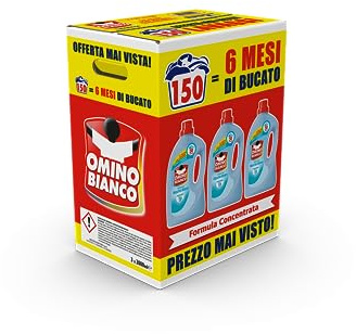 Omino Bianco - Flüssigwaschmittel, 150 Waschgänge, respektiert Farben und Stoffe, frischer Duft mit weißer Moschus-Essenz, 2000 ml x 3 Packungen