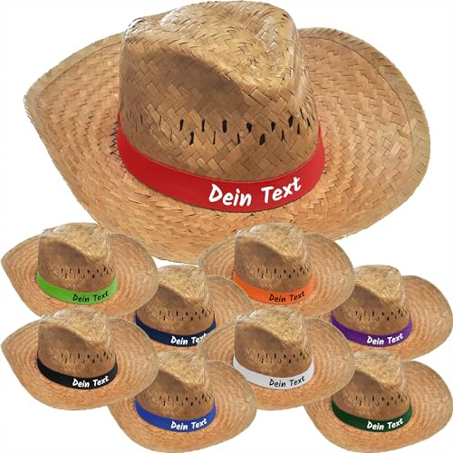 Nashville print factory Strohhut personalisiert mit Wunschtext – Sommerhut mit farbigem Hutband Bedruckt, Unisex Strand- & Eventhut für JGA, Promohut, Partyhut