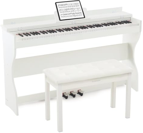MUSTAR 88 Tasten E-Piano Set mit Klavierhocker, Möbel-Ständer, Weiß | Digitalpiano Set für Anfänger mit gewichteten Tasten, 3 Pedalen, doppelten Kopfhöreranschlüssen, USB-MIDI, LCD-Bildschirm