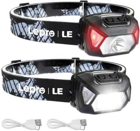 Lepro Stirnlampe LED Wiederaufladbar, 2000 Lux Superhell Kopflampe Stirnlampe mit Rotlicht und 6 Lichtmodi, IPX4 Wasserdicht Stirnleuchte, Ideal für Camping&Joggen, Schwarz, 2 Stück[inkl. USB Kabel]