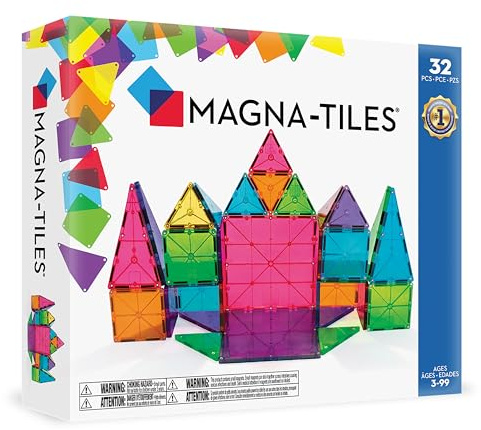 Magna-Tiles Classic 32‑teiliges Magnetbaukasten transparent, magnetisches Lernspielzeug ab 3 Jahren, fördert Feinmotorik und räumliches Denken, kompatibel Sets