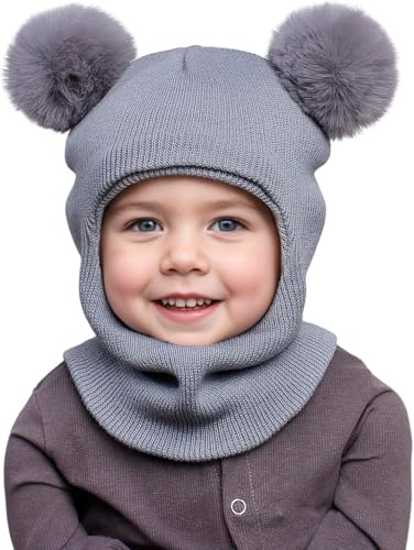 DRESHOW Kinder Wintermütze Warme Schal Schlupfmütze Strickmütze Baby | Babymütze mit Bommel, Winddichte Kinder-Balaclava, Weiches Dehnbares Strickgewebe, Baby Warme Outdoor-Mütze