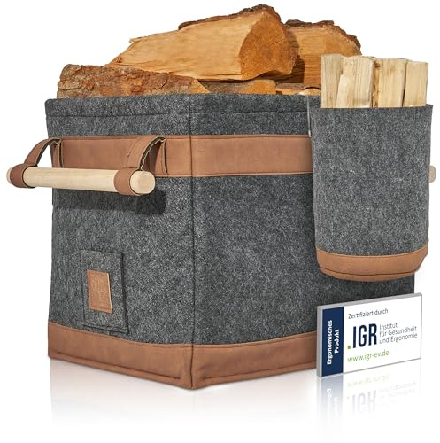 OAKAGE® Holzkorb für Kaminholz Groß mit Zündholzkorb [Schmutzabweisendes Innenfutter und Lederboden] Kaminholzkorb Feuerholzkorb Brennholzkorb Kaminkorb Filzkorb | Korb Dunkelgrau