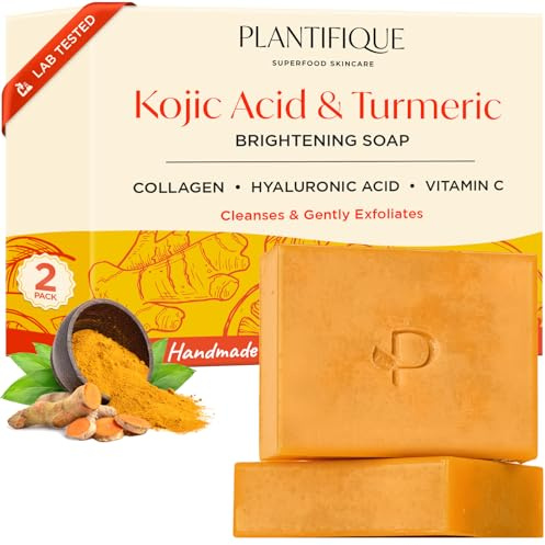 PLANTIFIQUE Turmeric and Kojic Acid Soap - 2 Stück Gesichtsseife Kojisäure und Kurkuma Seifen Für Hyperpigmentierung und Dunkle Flecken - Seife für Gesicht mit Hyaluronsäure, Kollagen, Vitamin C -160g
