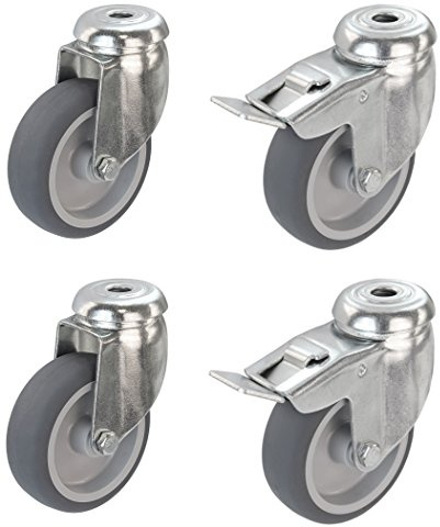 Satz Apparaterolle Lenkrolle 75 mm mit ohne Bremse Feststeller Gummi grau-spurlos Rückenloch Möbelrolle Transportrolle