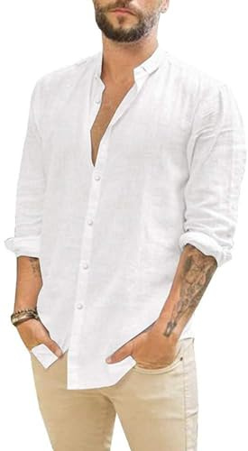 Friptspyg Leinenhemd Herren Hemd Langarm Baumwolle Leinen Hemden Button-Down Freizeithemden Casual Regular Fit Sommerhemd