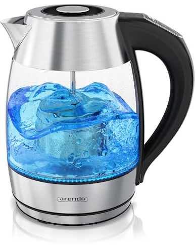 Arendo - Glas Wasserkocher mit Temperatureinstellung - Edelstahl - temperaturabhängige LED Beleuchtung - 2200 W - 1,8 L – 2 Deckel (1x mit und 1x ohne Teesieb) – Kalkfilter – Warmhaltefunkti