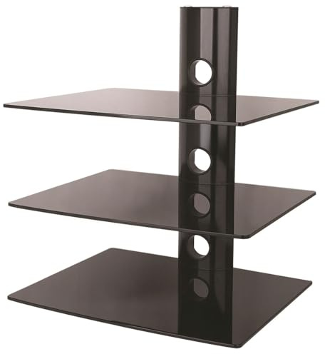 NEG Suspender 503B HiFi-Regal Wandregal schwebend, schwarz | 3 große Glas-Ablagen, Glas-Ablagen schwarz, Kabelmanagement-System, Konsolen-Rack