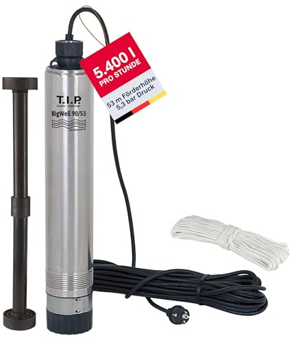 T.I.P. Brunnenpumpe - Tiefbrunnenpumpe Edelstahl (5.400l/h Fördermenge, 53m Förderhöhe, 5,3 bar Druck, sandresistent durch erweiterbaren Fuß, ab Brunnen Ø10cm, 20m Eintauchtiefe) BigWell 90-53, 30083