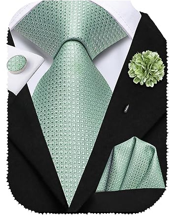 Hi-Tie Seidenkrawatte, Einstecktuch, Manschettenknöpfe, Reversnadel-Set, Jacquard, Hochzeit, Business, formelle Anlässe, salbeigrün