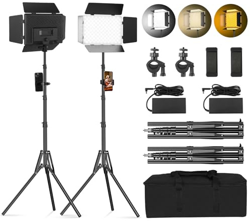 Soonpho 2-Pack LED VideoLicht Set Panel Videoleuchte Barn Door 2800–6500K Dimmbare 20W Licht Fotografie Studiobeleuchtung mit 1.6m Stativständer und Handyhalterung für Video YouTube Live Streaming