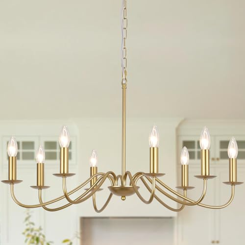MRHYSWD Kronleuchter Gold Modern, 8 Flamming Pendelleuchte Vinatge Retro | Deckenlampe Hängend Modern Hängeleuchte Industrial Kronleuchter Wohnzimmer Esstisch Küche -Höhenverstellung-Ohne E14 Birne