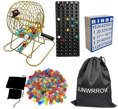 JUNWRROW Deluxe-Bingo-Set – inklusive antik-goldenem Metallkäfig mit Aufbewahrungstasche, 100 gemischte Karten, 600 bunte Chips, 75 Calling-Bälle, Masterboard und 2 Samtbeutel für Partys