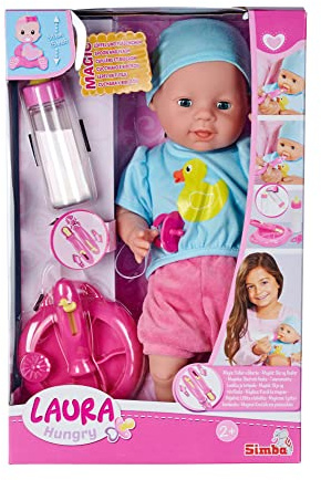 Simba 105010964 - Laura Hungry, Weichkörperpuppe mit Schnuller, magischem Löffel, Trinkfläschchen mit verschwindendem Inhalt und Tellerchen, 38cm, Babypuppe ab 2 Jahren