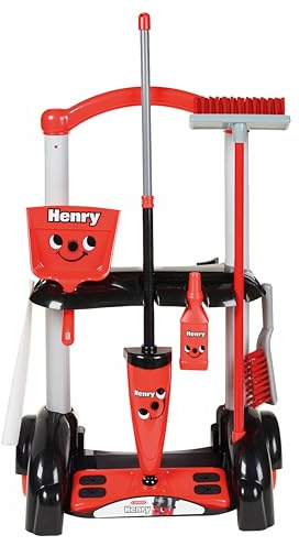 Casdon Henry & Hetty Spielzeug – Henry Putzwagen – Rotes Spielset im Henry Design mit Mopp, Besen, Kehrschaufel und Zubehör – Kinder-Reinigungswagen-Set – Für Kinder ab 3 Jahren