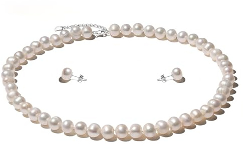 YAMI Perlenkette Set Damen (Halskette+Ohrringe), 7-9mm Süßwasserperlenkette, Perlenohrringe Silber 925, Perlenschmuck Silber 925 Set Damenschmuck für Jeden Anlass