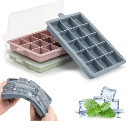 Eiswürfelform Silikon, 3 Stück Eiswürfelbehälter mit Deckel, 15-Fach Quadratische Eiswürfel, Ice Cube Tray für Whisky, Cocktails, Babynahrung