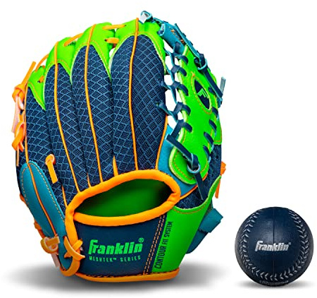 Franklin Sports Meshtek Baseball-Handschuhe für Kinder, Tball-Handschuh + Ball, für Jungen und Mädchen, Teeball-Handschuh, für Kinder und Kleinkinder, rechte Hand, 24,1 cm, Marineblau/Limettengrün /