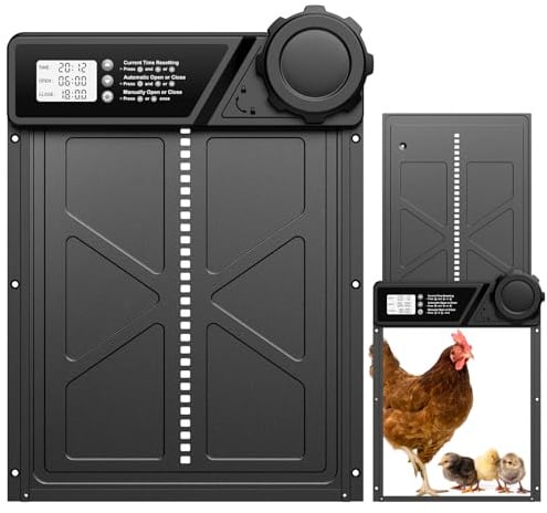 MASTERFUN Große Automatische Hühnerklappe Batterie, Aluminum Hühnerklappe Automatisch mit Wasserdicht Großes Display, Timer, Manuelle, Intelligenter Einklemmschutz Elektrische Hühnertür