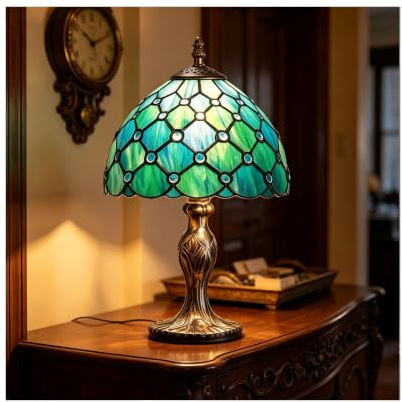 Stained Glass Lamp Style Tischlampe, Vintage Nachttischlampe, 37x20.8cm | Handcraft Glasmalerei Lampenschirm Tischlampen für Schlafzimmer Wohnzimmer Arbeitszimmer Zuhause, Grüne Perlen