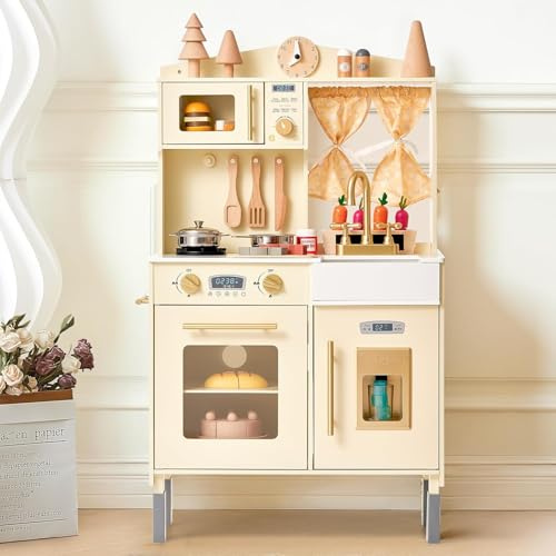 Gaint Bean Spielzeugküche aus Holz für Kinder, ausgestattet mit Spielzeug-Mikrowelle, Spielspüle, Eismaschine, Ofen, Kochgeschirr und Küchenzubehör, Pretend Play Food Toys für 3+ Jahre
