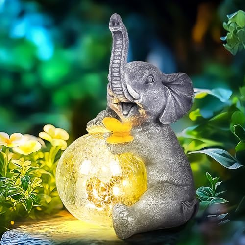 GIGALUMI Solar Garten Statuen Glaskugel Elefant Figur Lichter für draußen, Hof, Garten Dekor Einzigartige Geschenke für Mama, für Frauen, Elefanten Dekoration für Patio