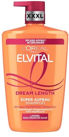 L'Oréal Paris Elvital XXXL Shampoo gegen Spliss, Für traumhaft langes Haar, Mit Rizinusöl, Vitaminen und pflanzlichen Proteinen, Dream Length Super Aufbau Haarshampoo, 1 x 1000 ml