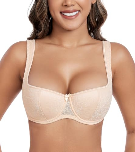DotVol Damen Balconette BH Dirndl Große Größen Unterwäsche Breite Träger Leicht Gepolstert Lingerie mit Bügel Spitzen(Beige,85B)