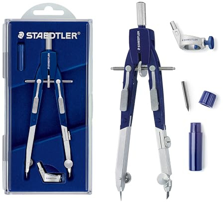 STAEDTLER Mars Comfort 552 01 Zirkel, Schnellverstellzirkel, auswechselbare Nadel, Schenkel abknickbar, Durchmesser Zeichenkreis: 350 mm, Länge: 170 mm, Farbe: blau, silber, Klappdeckeletui