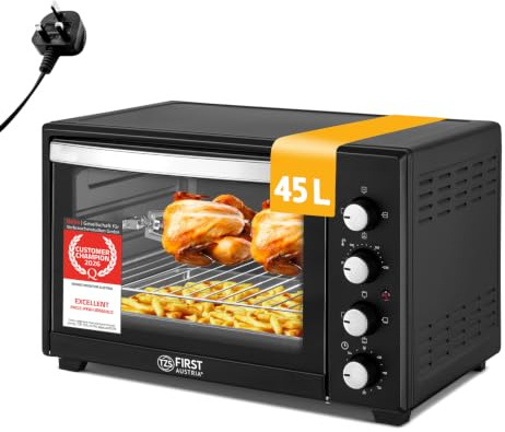 TZS First Austria - Minibackofen 45L 2000W - Mini Backofen Pizzaofen Temperaturregelung bis 230°C & Antihaftbeschichtung - Miniofen 60 Min. Timer, 4 Einschubhöhen, Backblech, Grillrost & Drehspieß