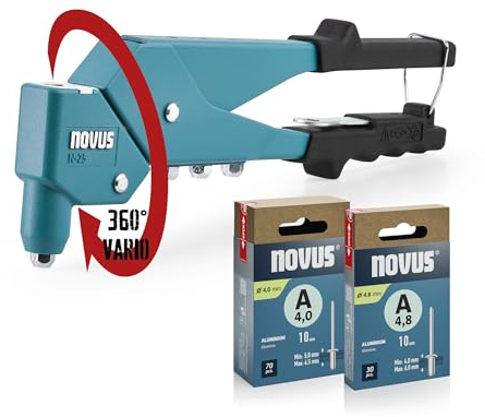 NOVUS TOOLS Blindnietzange N-25 Vario Set mit 100 Blindnieten | Nietenzange aus Aluminium mit 360° Schwenkkopf, 1-Hand-Bedienung, ergonomische Griffgestaltung, Rückholfeder