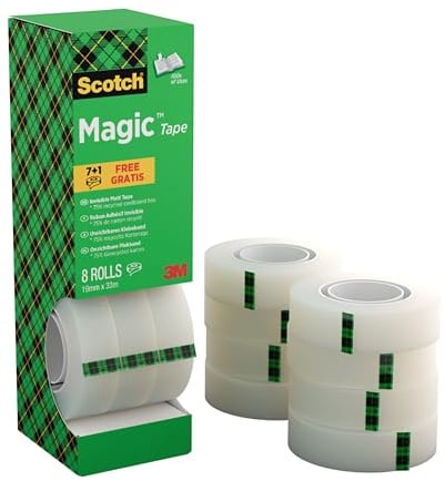 Scotch Magic Tape - Vorteilspack 8 Rollen, 19 mm x 33 m - Unsichtbares Klebeband für allgemeine Zwecke zur Reparatur, Etikettierung und Versiegelung von Dokumenten