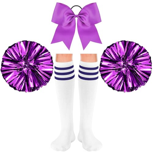 Sinmoe 4er Set Karneval Cheerleader Kostüm Zubehör 2 Cheerleading Pompons aus Metallfolie 1 Groß Haarschleife Cheerleader Haar Bögen 1 Paar Sport Therme Kniestrümpfe für Tanz Wettbewerb (Lila)