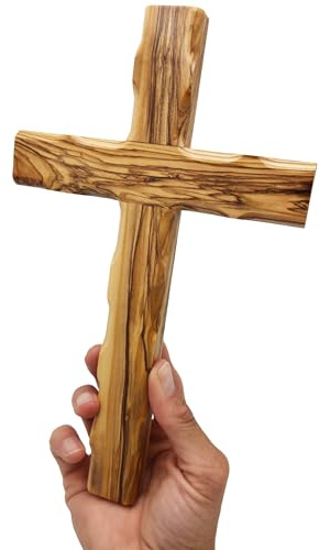 Lunexus Wandkreuz Olivenholz 25x15 cm - Mit Fase - Handgefertigt, gesegnet | Für Taufe, Kommunion, Konfirmation, Einweihung - Aus Bethlehem, jede Maserung ein Unikat - Rückseitige Aufhängung, Zertifikat