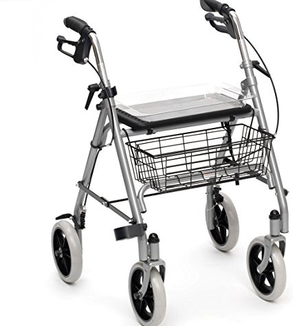 Drive Medical Rollator GIGO aus Aluminium I Reiserollator klappbar, inkl. Korb, Sitztablett & Stockhalter I Gepolsterte Rückenlehne, ergonomische Griffe & Bremsen I belastbar bis zu 120kg