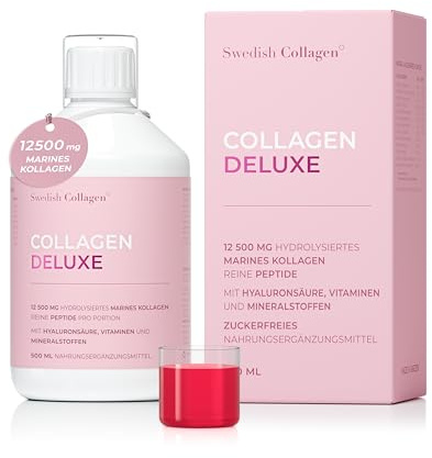 Swedish Collagen - Collagen Deluxe 500 ml flüssiges Kollagen | 12.500 mg Meereskollagen mit Hyaluronsäure, Vitaminen und Mineralien für Haare, Haut und Nägel